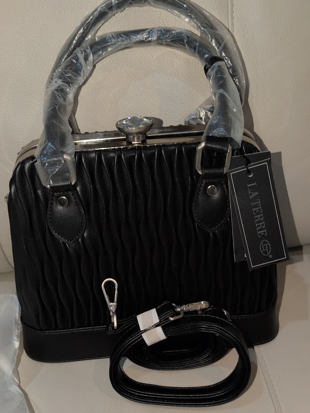 La Terre Black Ruched Frame Satchel with Crystal Clasp - NWT